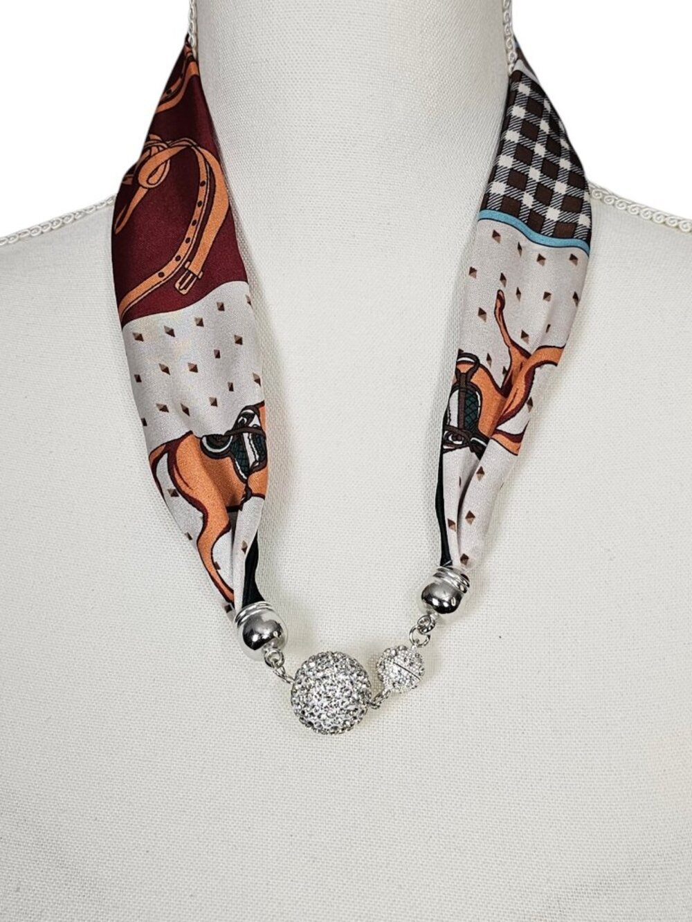 Scarf Necklace Satin Equestrian Horse Boho Rhinestone Magnetic Neck Scarf New